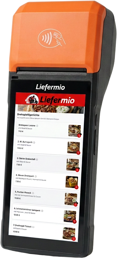 Liefermio Bestellterminal mit Liefermio-Branding auf Display und Gehäuse, zeigt eingehende Speisebestellungen