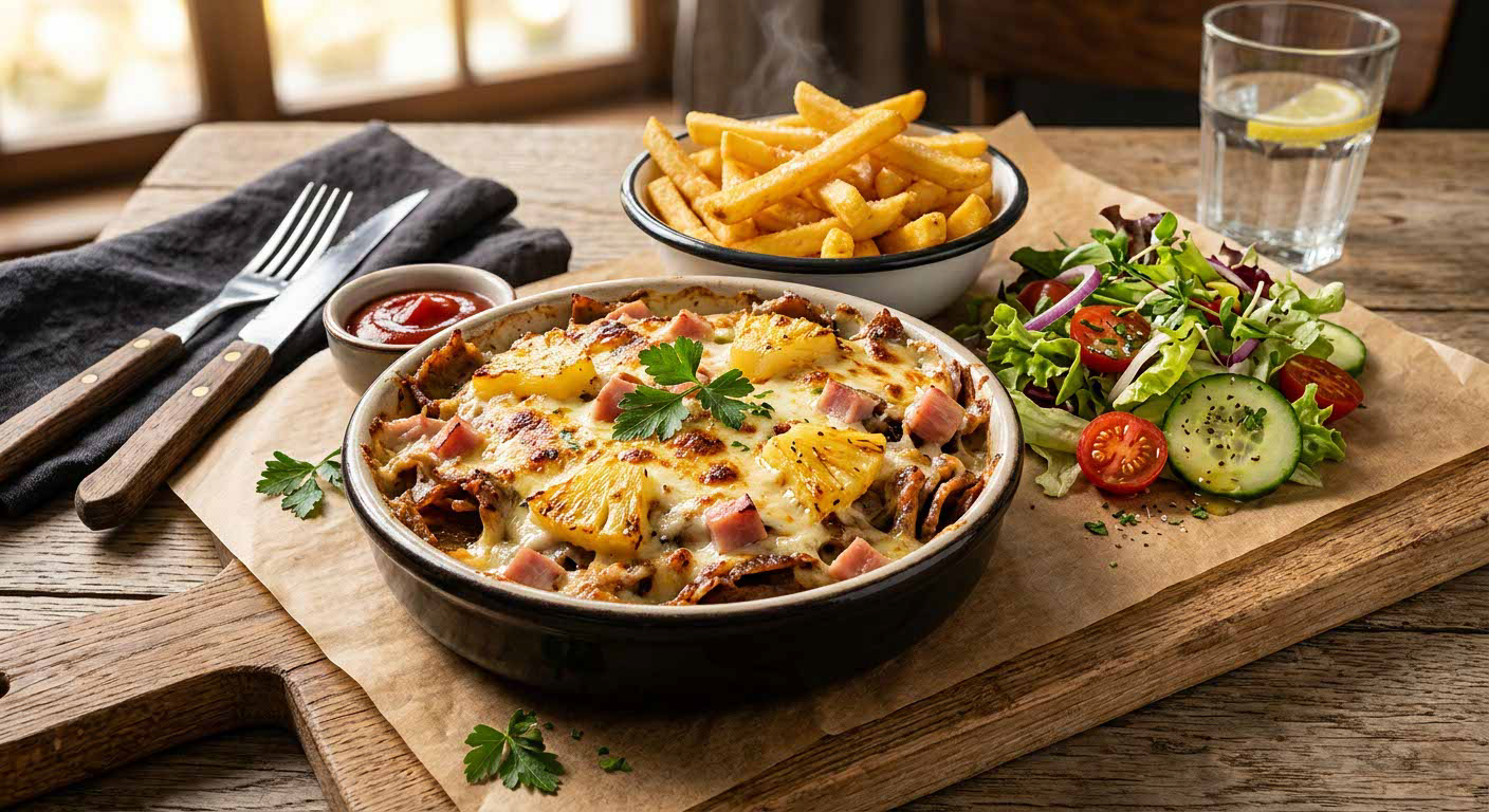 Überbackener Auflauf mit Ananas und Schinken, dazu Pommes und Salat