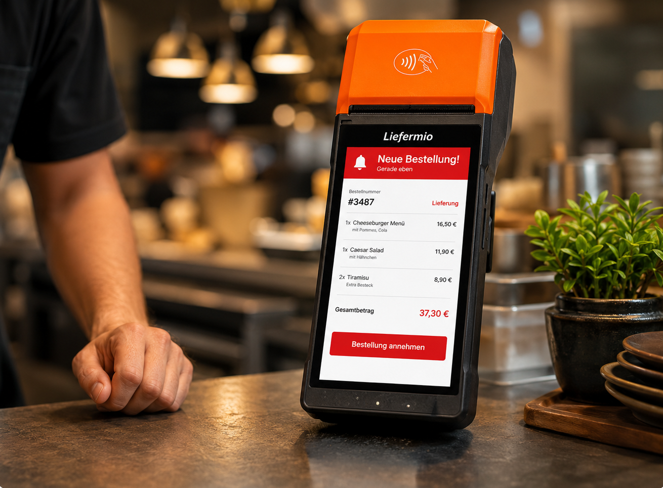 Liefermio Bestellterminal auf dem Tresen zeigt eine neue Online-Bestellung