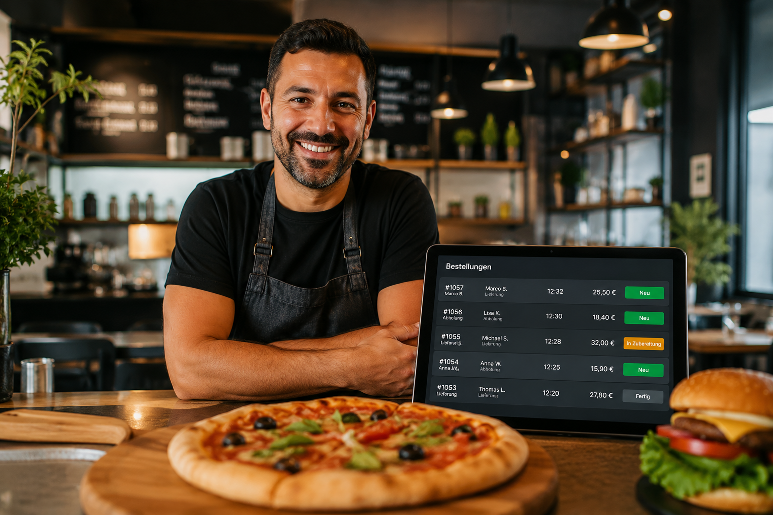 Restaurantbetreiber mit Pizza und Bestelltablet