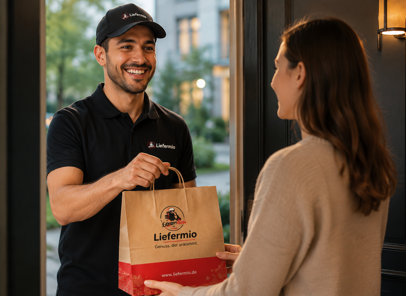 Liefermio Fahrer übergibt eine Bestellung in Liefermio-Papiertüte an eine Kundin