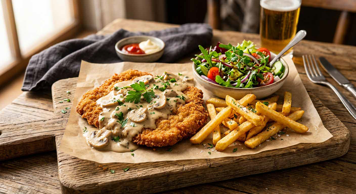 Schnitzel mit Champignonrahmsauce, Pommes und frischem Salat