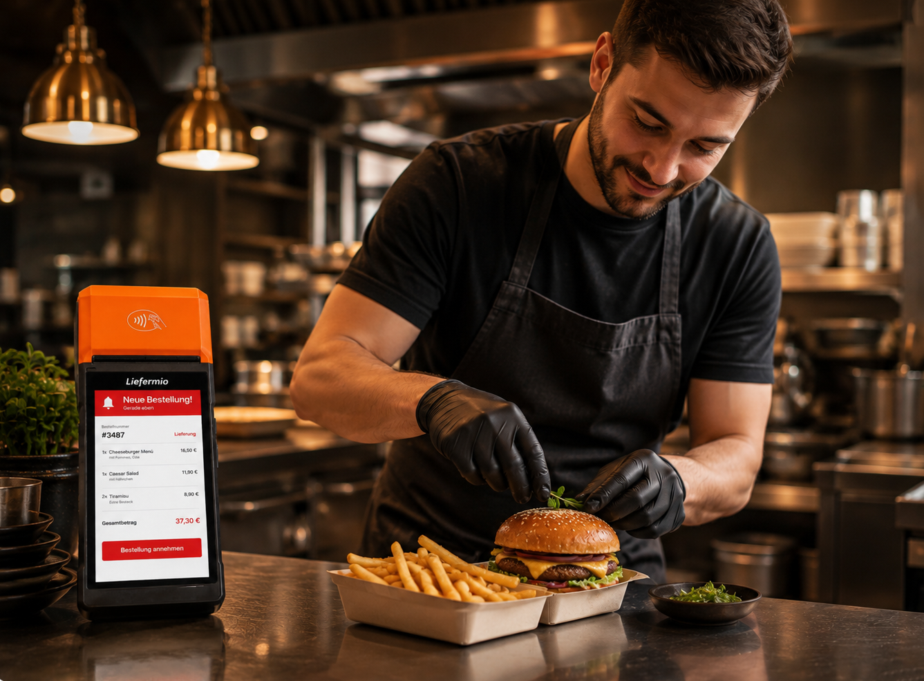 Koch richtet Burger mit Pommes an, daneben das Liefermio Bestellterminal