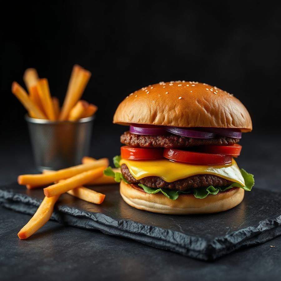 Burger mit Pommes auf einem Servierbrett